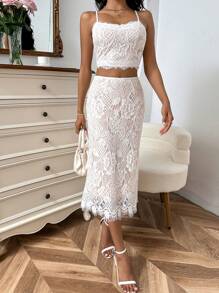 SHEIN Privé Lace Cami Top & Skirt - White - View 6