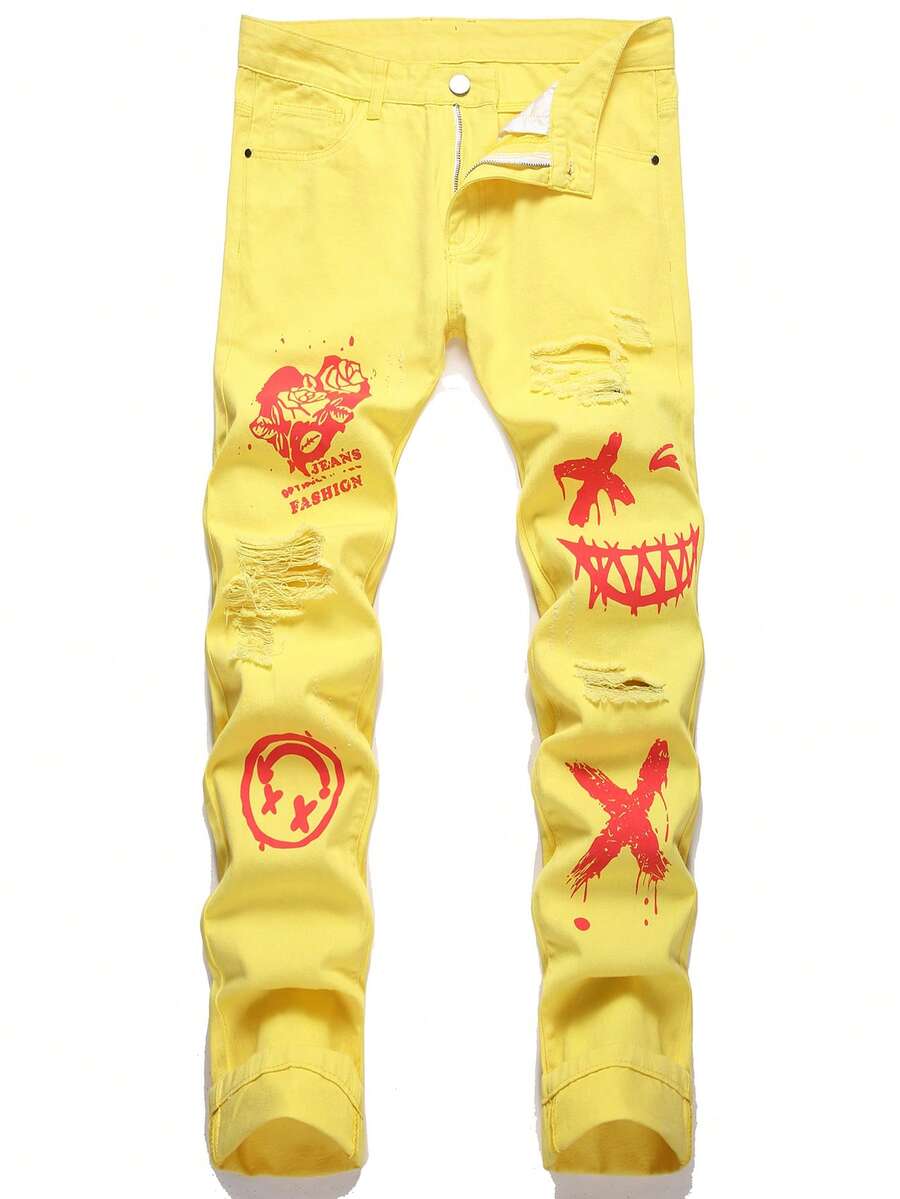 男士卡通圖案破洞牛仔褲 - 黃色 - 查看 1