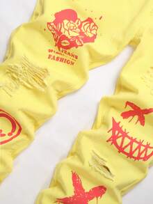 男士卡通圖案破洞牛仔褲 - 黃色 - 查看 4