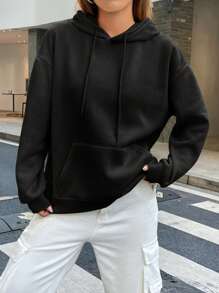 SHEIN EZwear Letter Graphic Drop Shoulder Drawstring Hoodie - Black - View 2