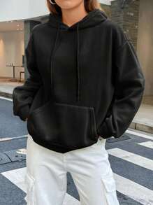 SHEIN EZwear Letter Graphic Drop Shoulder Drawstring Hoodie - Black - View 3