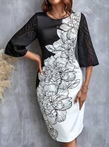 SHEIN Clasi Floral Print Contrast Mesh Sleeve Fitted Dress - Black and White - View 3