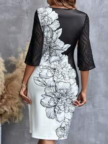 SHEIN Clasi Floral Print Contrast Mesh Sleeve Fitted Dress - Black and White - View 2