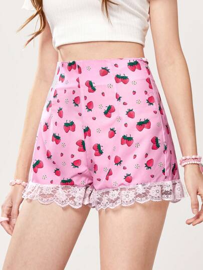 Kawaii Shorts con estampado de fresa con encaje en contraste