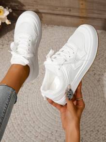 女士白色簡約風繫帶休閒運動鞋 - 白色 - 查看 3