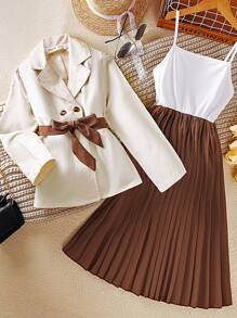 SHEIN 女大童雙色雙排釦腰帶西裝外套&百褶下擺吊帶連衣裙 - 彩色 - 查看 1