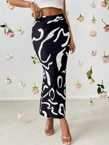 SHEIN Privé 圖案印花魚尾短裙 - 黑色 - 查看 4