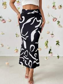 SHEIN Privé 圖案印花魚尾短裙 - 黑色 - 查看 5