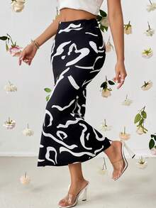 SHEIN Privé 圖案印花魚尾短裙 - 黑色 - 查看 6