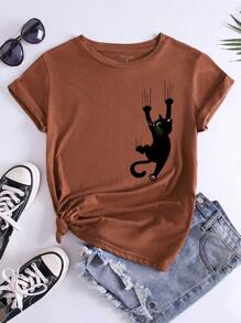 INAWLY Cat Print Tee - Rust Brown - View 1
