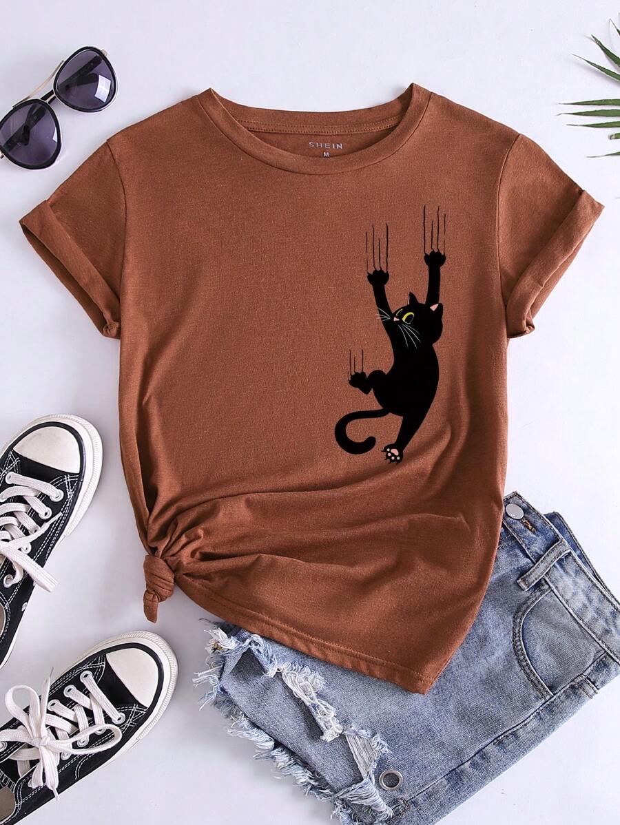 INAWLY Cat Print Tee - Rust Brown - View 1