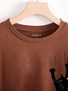 INAWLY Cat Print Tee - Rust Brown - View 3