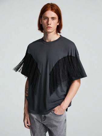 ROMWE Avant Guys Fringe Trim Drop Shoulder Tee