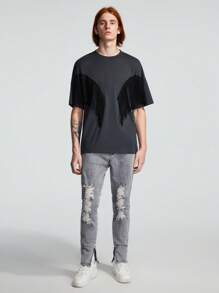 ROMWE MEN ROMWE Avant Guys Fringe Trim Drop Shoulder Tee - Dark Grey - View 3