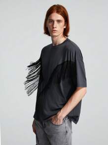 ROMWE MEN ROMWE Avant Guys Fringe Trim Drop Shoulder Tee - Dark Grey - View 4