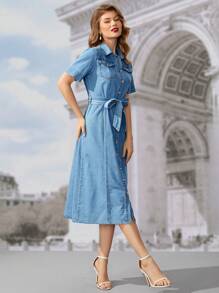 SHEIN Frenchy 翻蓋細節腰帶襯衫牛仔裙 - 淺色水洗藍 - 查看 4