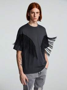 ROMWE MEN ROMWE Avant Guys Fringe Trim Drop Shoulder Tee - Dark Grey - View 5