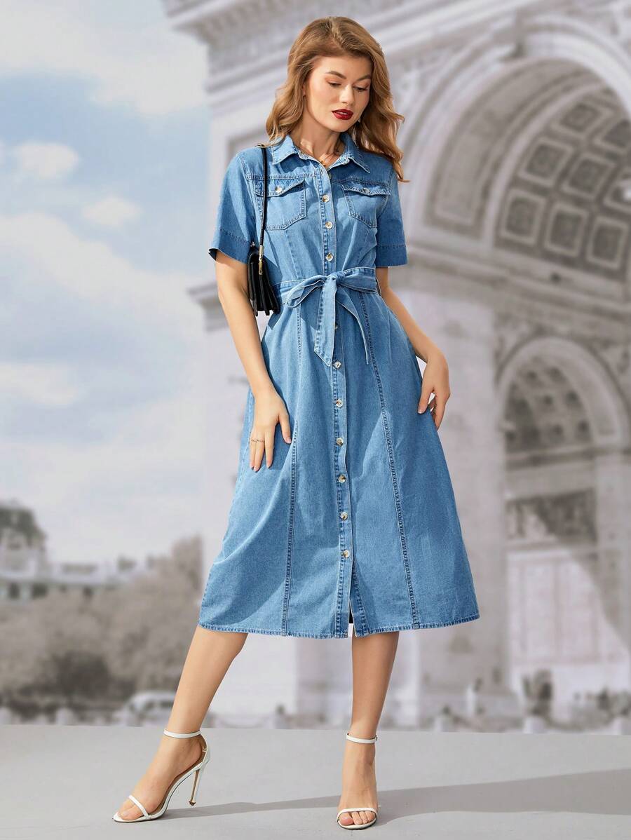 SHEIN Frenchy 翻蓋細節腰帶襯衫牛仔裙 - 淺色水洗藍 - 查看 1