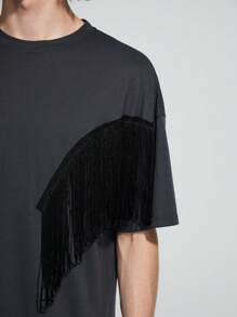ROMWE MEN ROMWE Avant Guys Fringe Trim Drop Shoulder Tee - Dark Grey - View 6