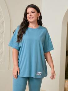 Mulvari Bộ thời trang Plus Size Đắp vá Lá thư Giải trí - Màu xanh bụi bặm - Xem 3