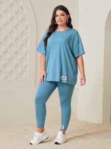 Mulvari Bộ thời trang Plus Size Đắp vá Lá thư Giải trí - Màu xanh bụi bặm - Xem 4