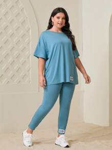 Mulvari Bộ thời trang Plus Size Đắp vá Lá thư Giải trí - Màu xanh bụi bặm - Xem 5