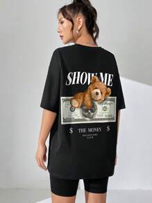 SHEIN EZwear Oversized Casual US Dollar & Teddy Round Neck Short Sleeve T-Shirt For Women, Suitable For Summer - Black - View 10