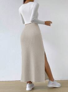 SHEIN EZwear Váy nữ Gân đan Tách cao màu trơn Giải trí - Màu be - Xem 2