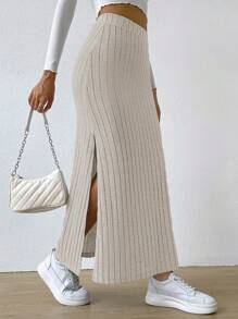 SHEIN EZwear Váy nữ Gân đan Tách cao màu trơn Giải trí - Màu be - Xem 4