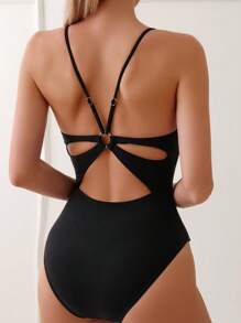 SHEIN Swim Solid Plunge Neck Cami One Piece Swimsuit - Black - View 1