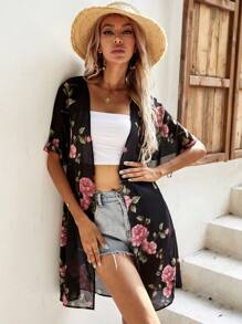 Swim Lushoire Summer Beach Floral Print Flounce Sleeve Kimono - Black - View 1