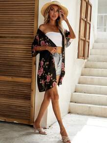 Swim Lushoire Summer Beach Floral Print Flounce Sleeve Kimono - Black - View 3