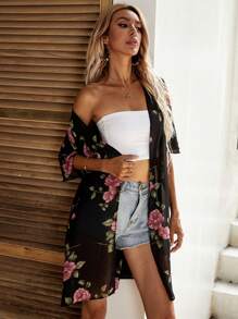 Swim Lushoire Summer Beach Floral Print Flounce Sleeve Kimono - Black - View 6