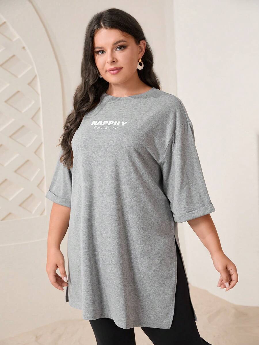 Mulvari Hơn Đồ họa Chữ cái Viền chia cắt Áo thun - Màu Xám nhạt - Xem 1