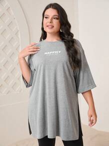 Mulvari Hơn Đồ họa Chữ cái Viền chia cắt Áo thun - Màu Xám nhạt - Xem 4