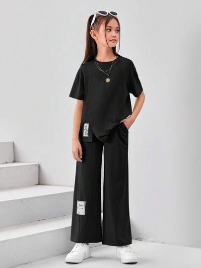 SHEIN Leap Crew 針對少女設計的短袖純色休閒套裝：字母拼接t恤和寬腿褲
