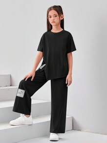 SHEIN Leap Crew 針對少女設計的短袖純色休閒套裝：字母拼接t恤和寬腿褲 - 黑色 - 查看 3