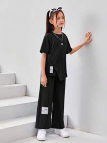SHEIN Leap Crew 針對少女設計的短袖純色休閒套裝：字母拼接t恤和寬腿褲 - 黑色 - 查看 4