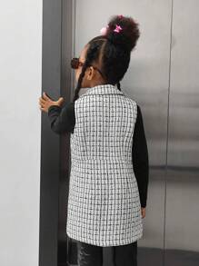 SHEIN Young Girls' Casual Sleeveless Tweed Vest With Turn-down Collar - Black and White - View 2