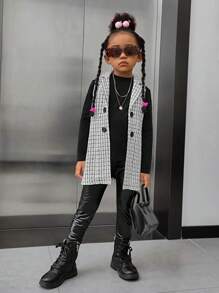 SHEIN Young Girls' Casual Sleeveless Tweed Vest With Turn-down Collar - Black and White - View 4