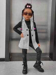 SHEIN Young Girls' Casual Sleeveless Tweed Vest With Turn-down Collar - Black and White - View 5