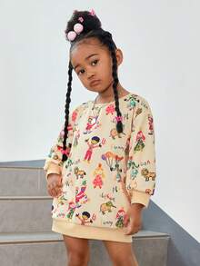 SHEIN Young Girl Cartoon Graphic Drop Shoulder Sweatshirt Dress - Multicolor - View 2