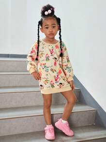 SHEIN Young Girl Cartoon Graphic Drop Shoulder Sweatshirt Dress - Multicolor - View 1