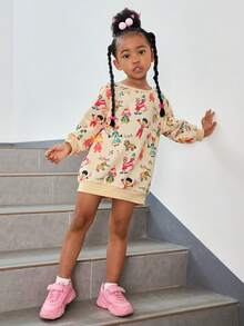 SHEIN Young Girl Cartoon Graphic Drop Shoulder Sweatshirt Dress - Multicolor - View 4