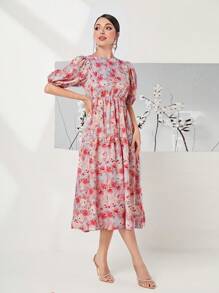 Mulvari Vải in hoa Ống tay áo Đầm - Nhiều màu - Xem 3