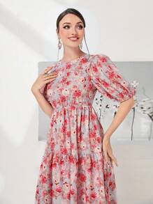 Mulvari Vải in hoa Ống tay áo Đầm - Nhiều màu - Xem 4