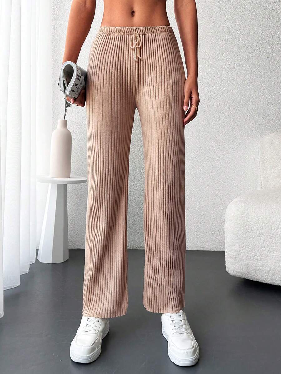 Cottnline Solid Ribbed Knit Straight Leg Trousers - Beige - View 1