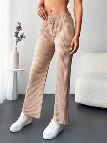 Cottnline Solid Ribbed Knit Straight Leg Trousers - Beige - View 3