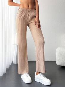 Cottnline Solid Ribbed Knit Straight Leg Trousers - Beige - View 4