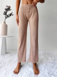 Cottnline Solid Ribbed Knit Straight Leg Trousers - Beige - View 5